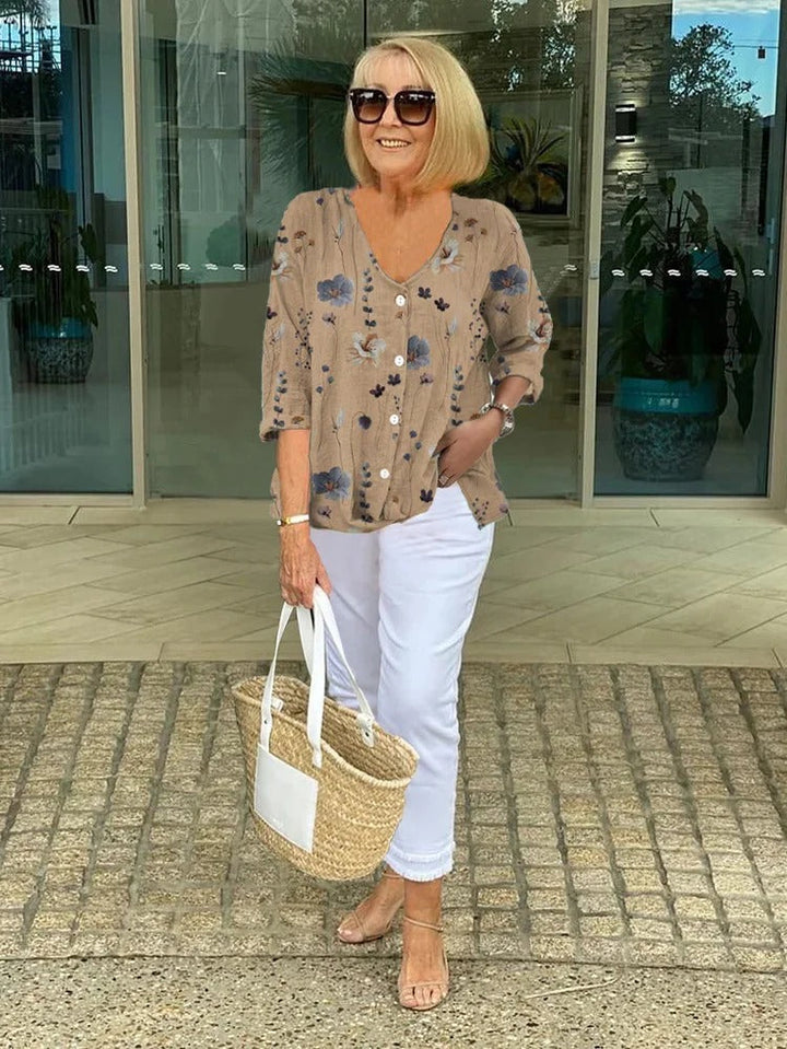 Barbara - Elegant Floral Blouse With Button