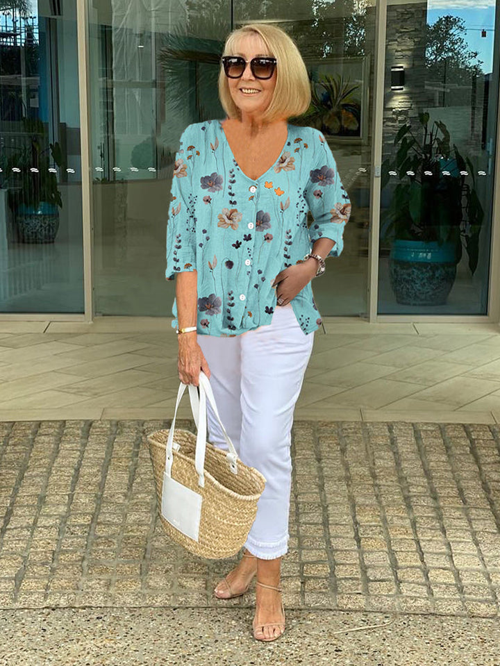 Barbara - Elegant Floral Blouse With Button